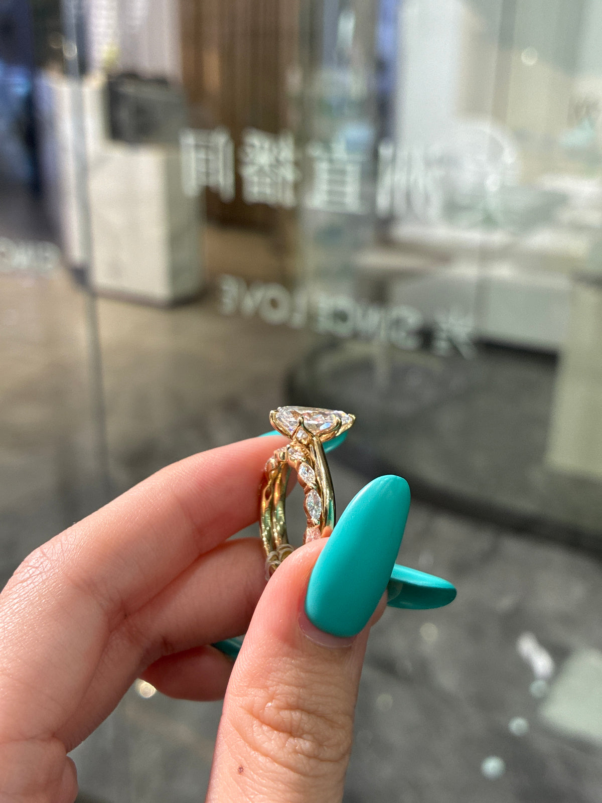 50% Deposit For Akosua 14k solid yellow gold 2.89ct pear D/VVS2 with bubble band, with Marquise eternity wedding band.