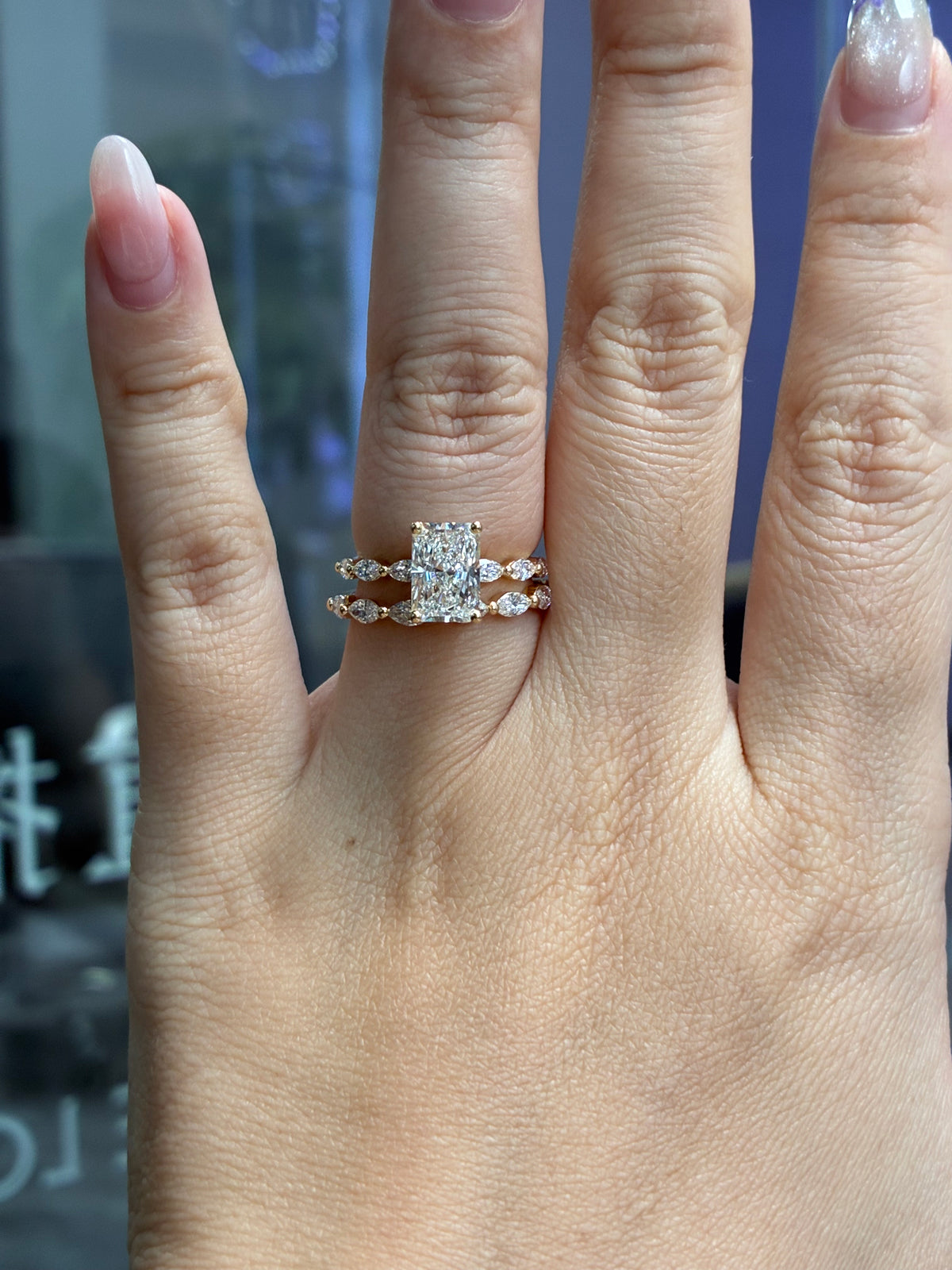 For Medusa, Custom Bridal set in 14k yellow gold, 2ct Radiant center diamond with 0.464ct sidestones engagement ring, E/VVS2 + Marquise wedding band, total 0.586ct