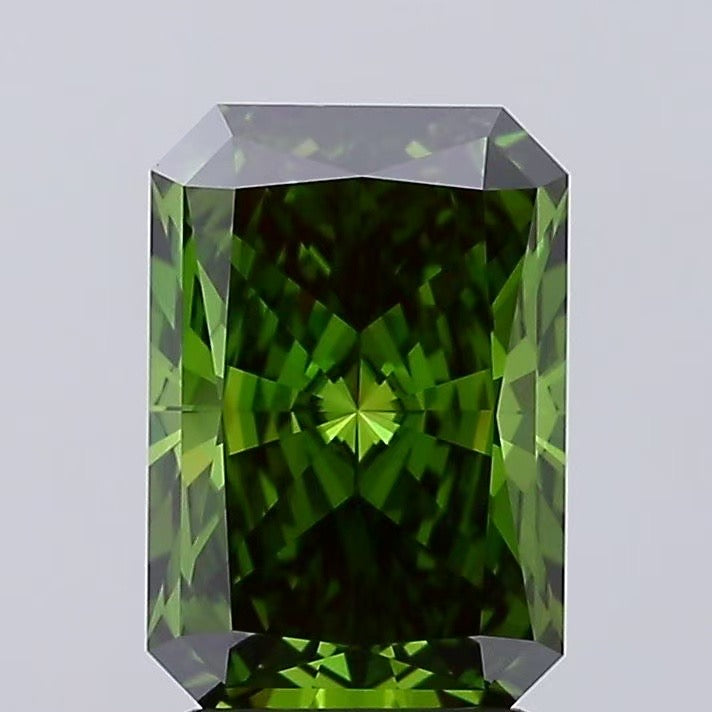 For ET, custom platinum setting three stone ring 2.52ct fancy vivid green radiant cut ring