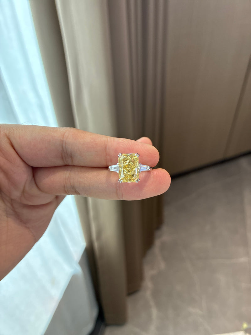 For ET 14k white gold ring with 5ct yellow radiant diamond And 0.5ct side stone