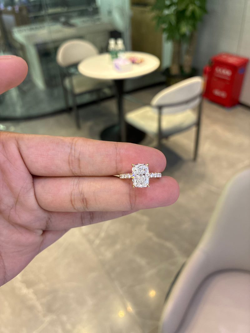 For Ja Gri 14k yellow gold ring with 2ct elongated cushion diamond and hidden halo