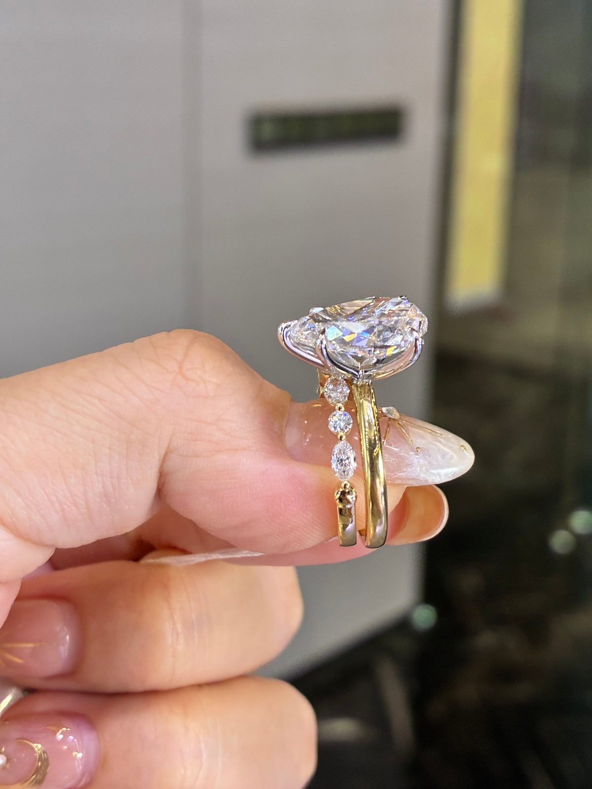 For Cathy, 5.03ct Pear Solitaire Ring + 0.569ct marquis Band E/VVS2 in 18k gold