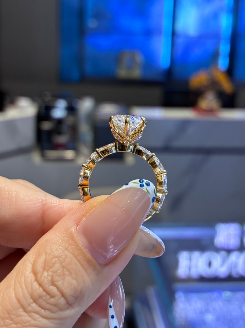 For Olivia, 4ct marquise lab diamond ring with 1ct side stones, E/VVS2,14k yellow gold