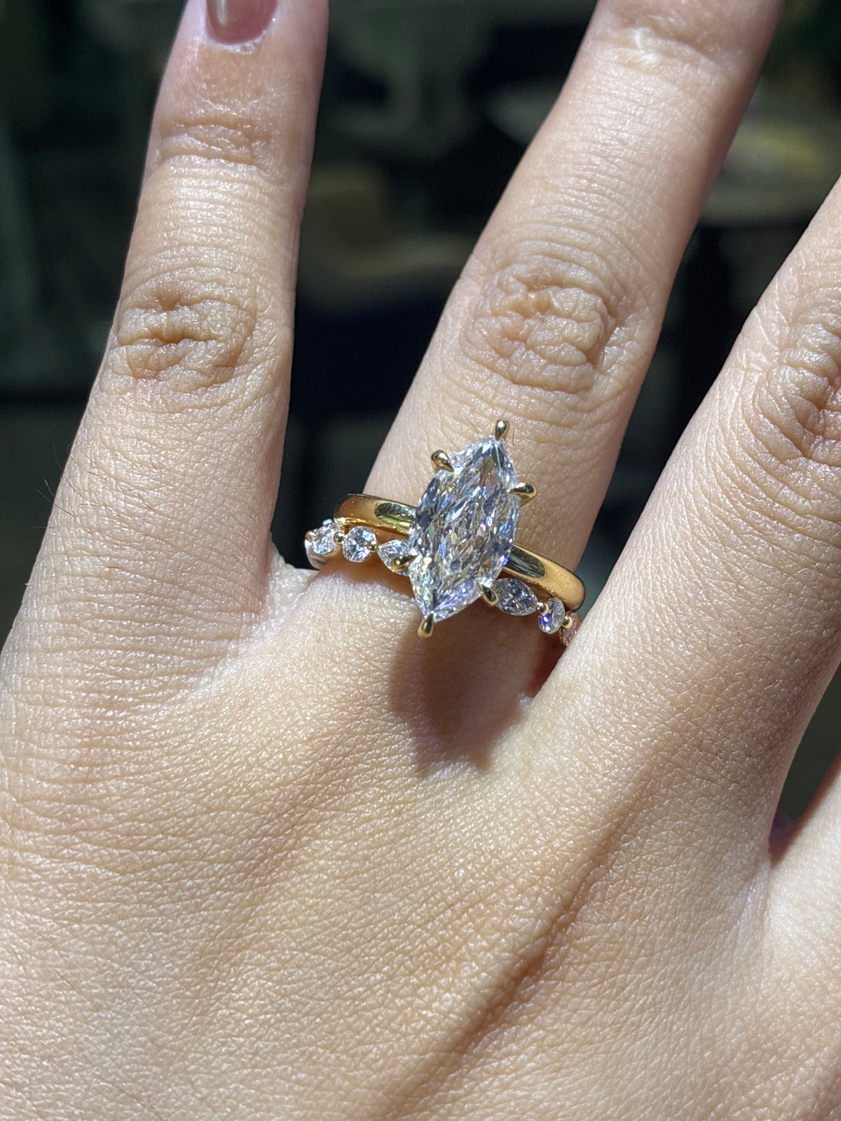 Deposit for amylyn 14k yellow gold ring set Double IGI certified, 3ct marquise E/vvs2 with marquis and round cut mix band