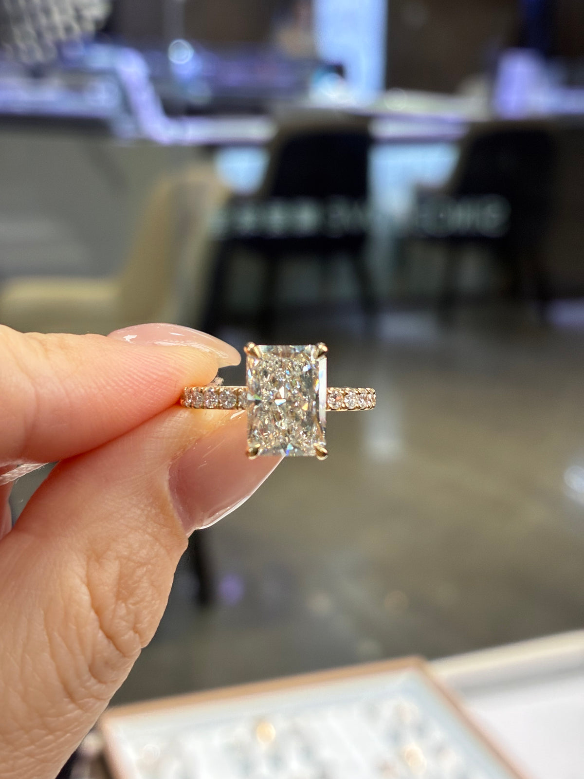 For Cherrybom, 3ct Radiant Solitary with pave band, total 3.43ct in 14k yellow gold , E/VVS2