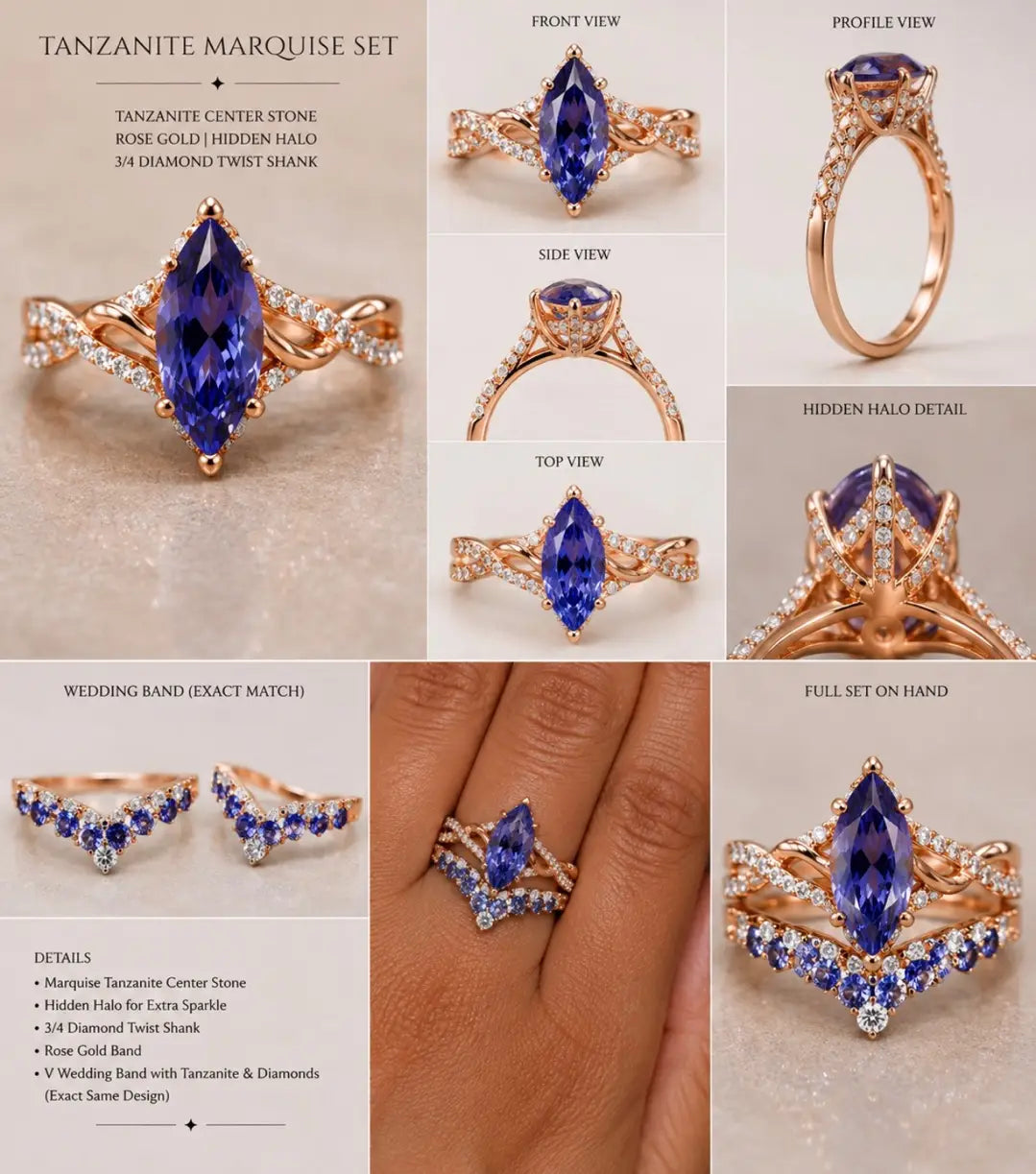 Retainer for Disha’s wedding set:Marquise Shape Twisted Wand Wedding Ring:18K solid rose gold/3.25ct Marquise shape natural Tanzanite/AAA/DBV||Tanzanite V-Band 18K solid rose gold US Size 6.25