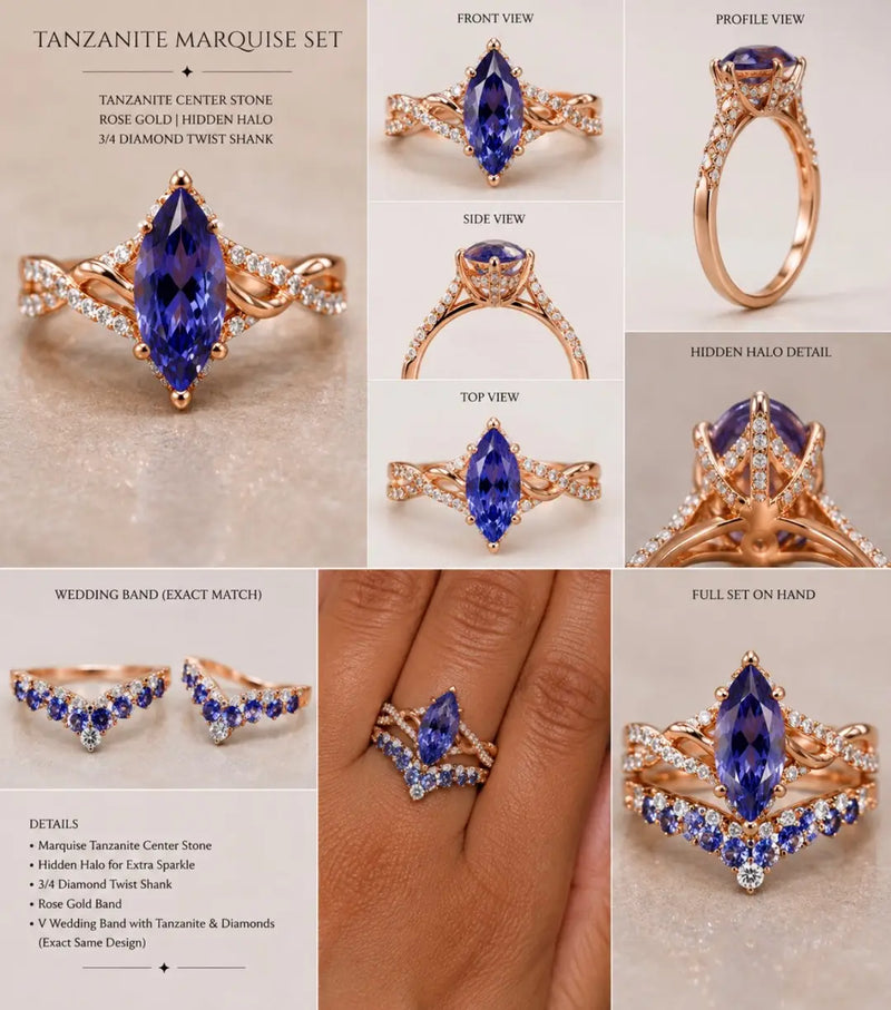 Retainer for Disha’s wedding set:Marquise Shape Twisted Wand Wedding Ring:18K solid rose gold/3.25ct Marquise shape natural Tanzanite/AAA/DBV||Tanzanite V-Band 18K solid rose gold US Size 6.25