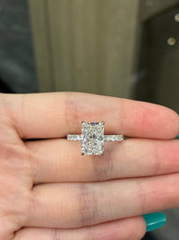 For Kristine 14k solid white gold 3.03ct radiant E VS1,with 0.56ct hidden halo and side stones ring. Come with IGI&GIL certificates