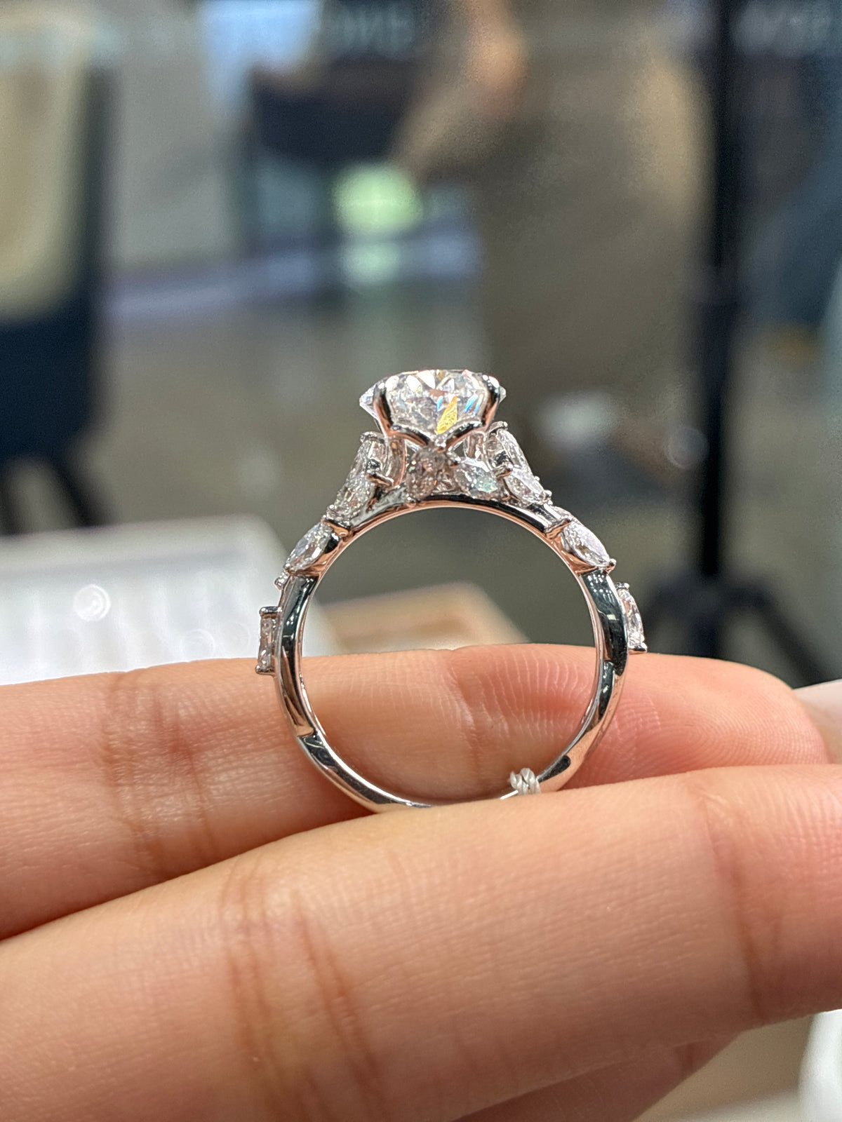 Meson for Tina 14k white gold, 5ct oval cut diamond, 0.9ct side stone, E/VVS2 clarity, size 9