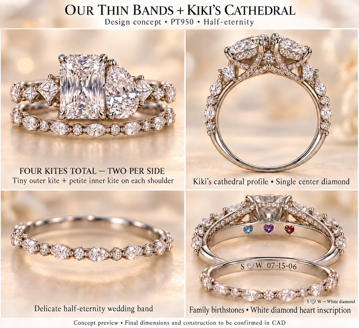 For Sharonda,  50% Deposit Custom PT950 Cathedral Bridal Set – Based on Pictured Design –2.51ct Radiant & 1.82ct Pear Center diamonds