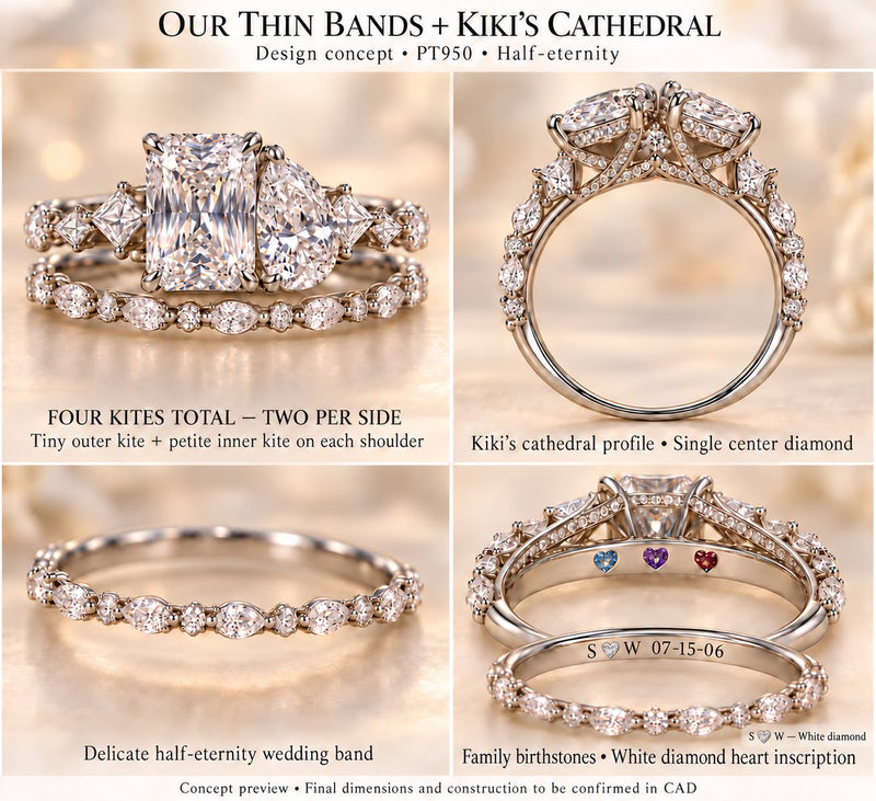 For Sharonda,  50% Deposit Custom PT950 Cathedral Bridal Set – Based on Pictured Design –2.51ct Radiant & 1.82ct Pear Center diamonds