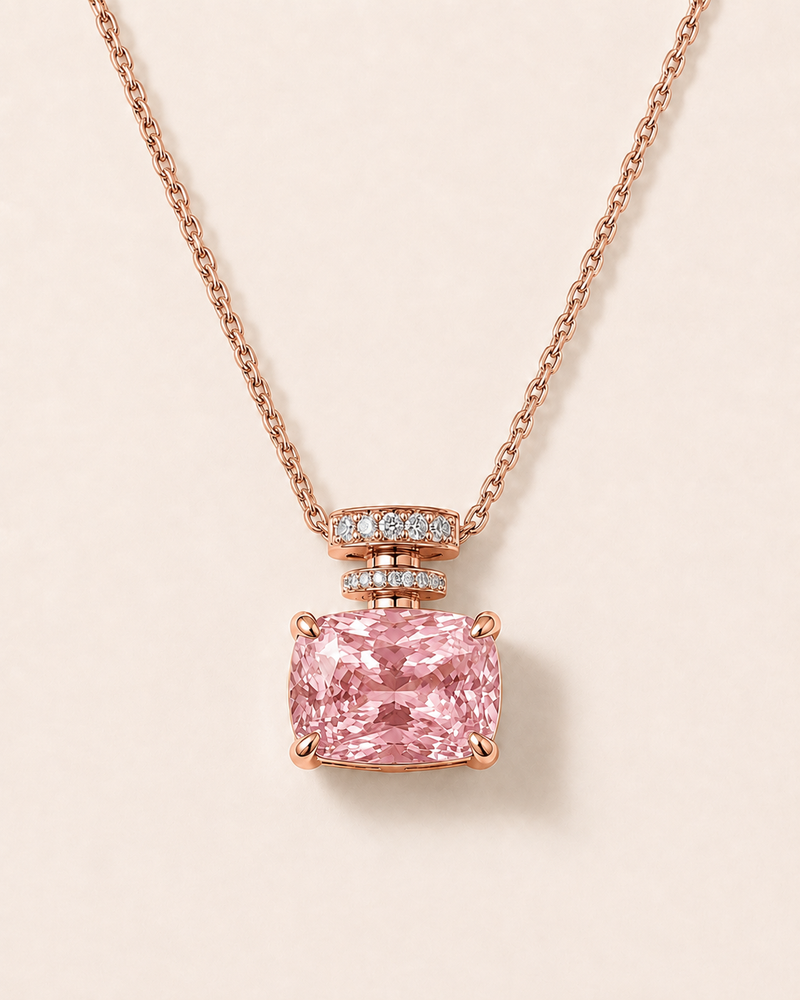 For Yvette, 50% Deposit for 2ct Elongated cushion pink diamond perfume bottle necklace, IGI certified, in 14k Rose gold