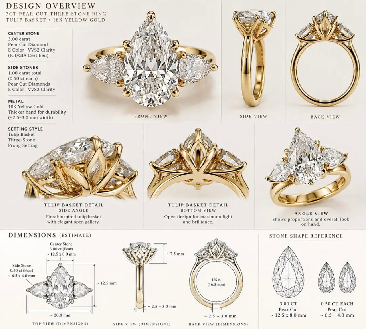 For AM, 25% Deposit for 18k yellow gold Trilogy Engagement ring with 3ct pear diamond Evvs2, petal baskets 2.5mm width