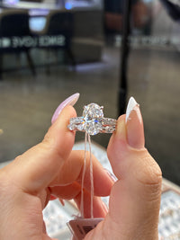 For Janay, Bridal Set, 3ct Oval Solitaire pave band with hidden halo in platinum, E/VVS2 + 0.842ct marquise band