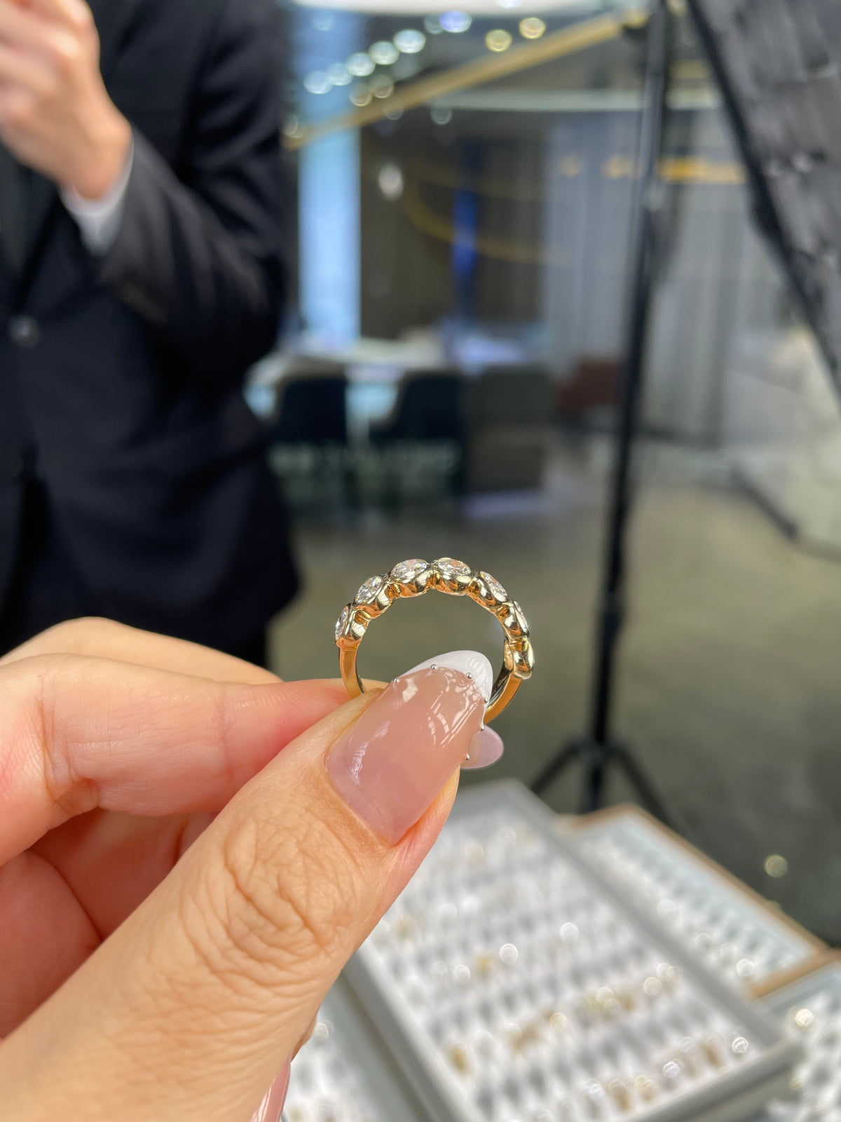 For Shelbi, bezel oval half eternity band, total 2.282ct, DE/VS-VVS, in 14k yellow gold