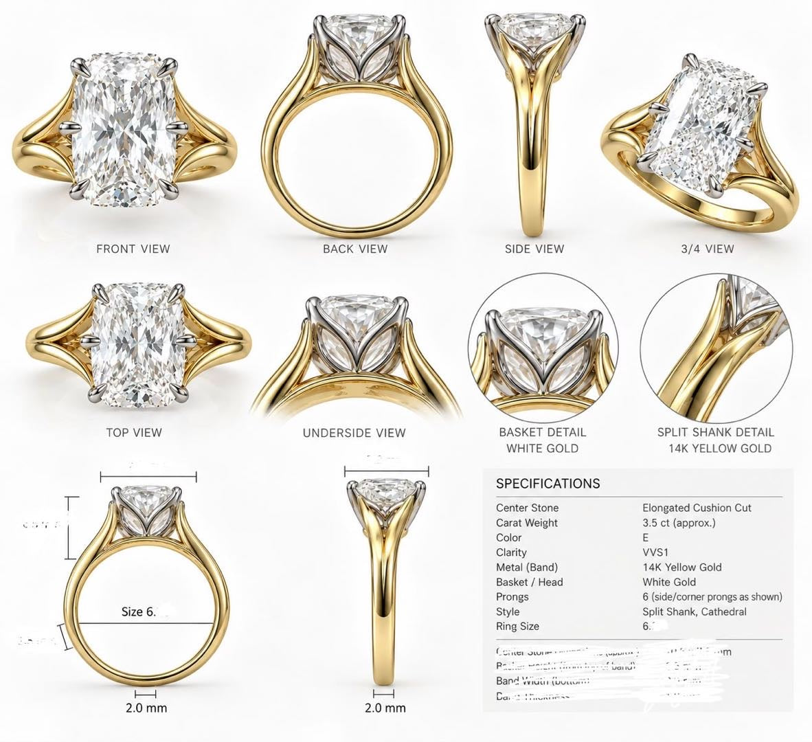 50% Retainer For George//Elongated Cushion Tulip Setting Cathedral Holder Engagement Ring
14K Solid yellow/white gold (2mm thickness)
3.500ct Elongated Cushion Crushed Ice cut diamond center stone
E/VVS2
US Size 6
