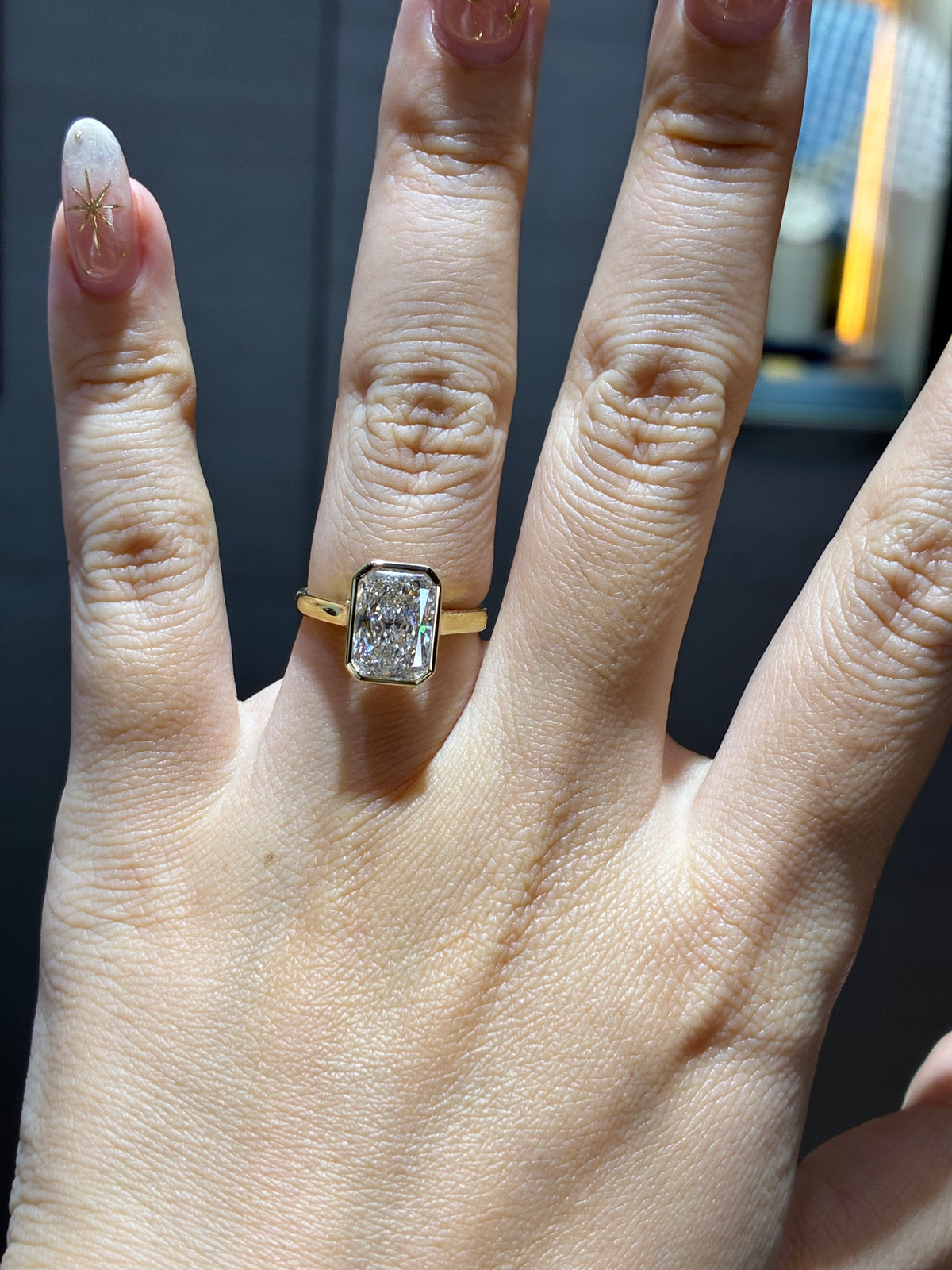 For Lesli, Custom 2.87ct Bezel Radiant, E/VS1, 14k white gold