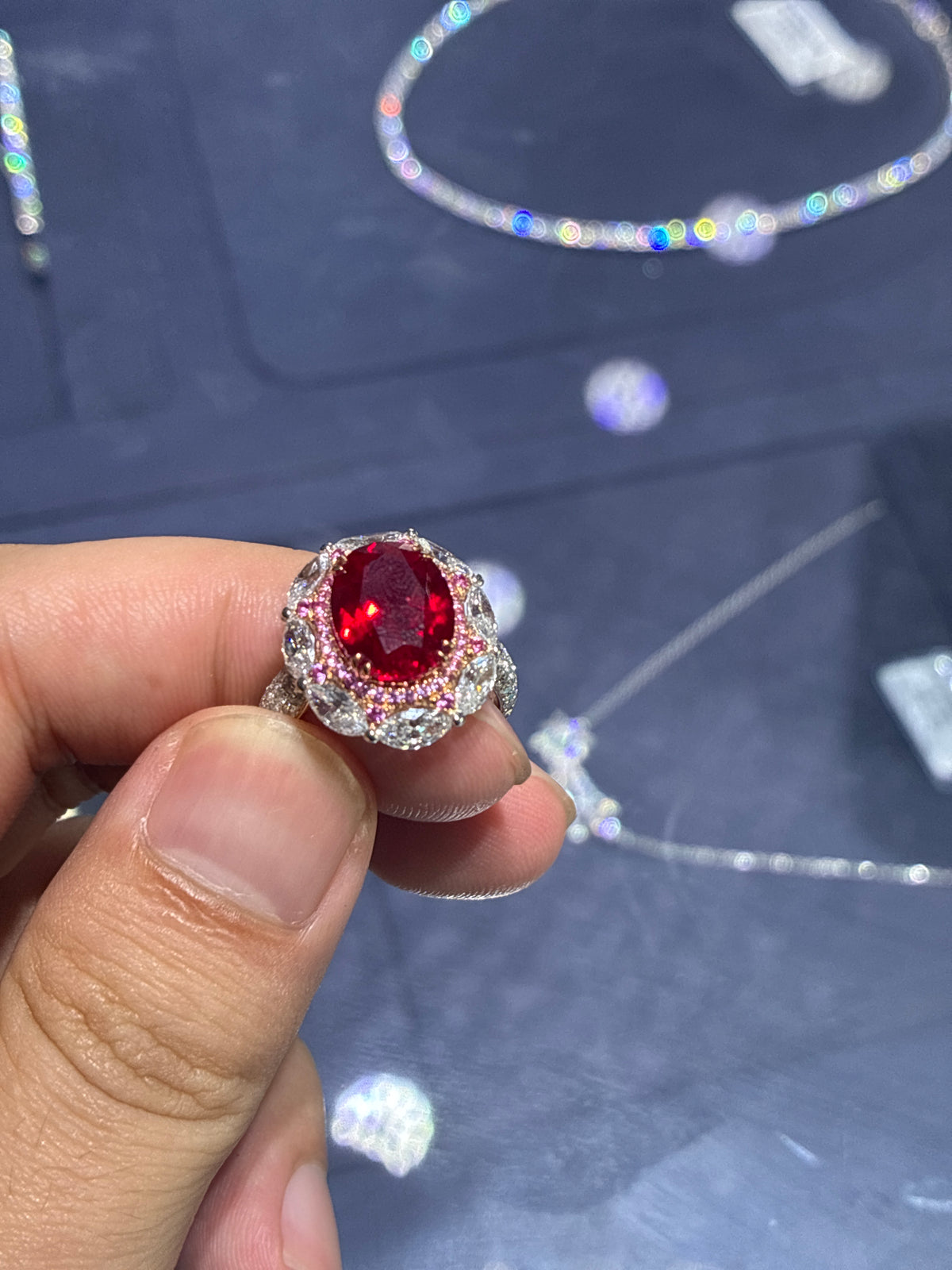 For Skylar heart shape cut 3.02ct E/VS1 platnium and  14k 5.412ct ruby side stone 2.832ct size 6
