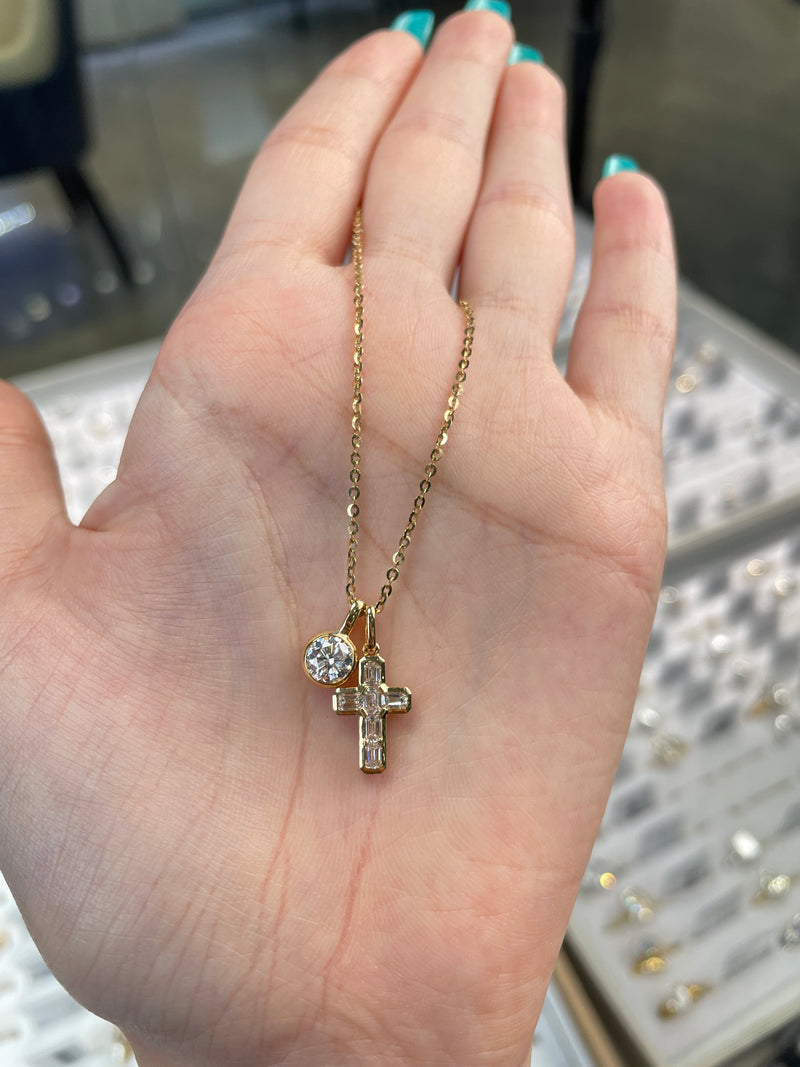 Deposit for Rosebush 18K solid yellow gold cross necklace, 0.535ct round& 0.424ct emerald. DE/VS VVS*3 pieces