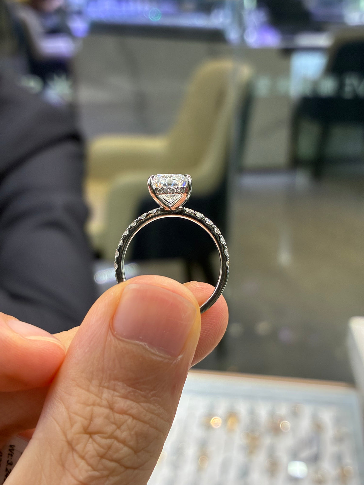 For Cyan Radiant 3.03ct in 14k white gold with 0.56ct sidestone