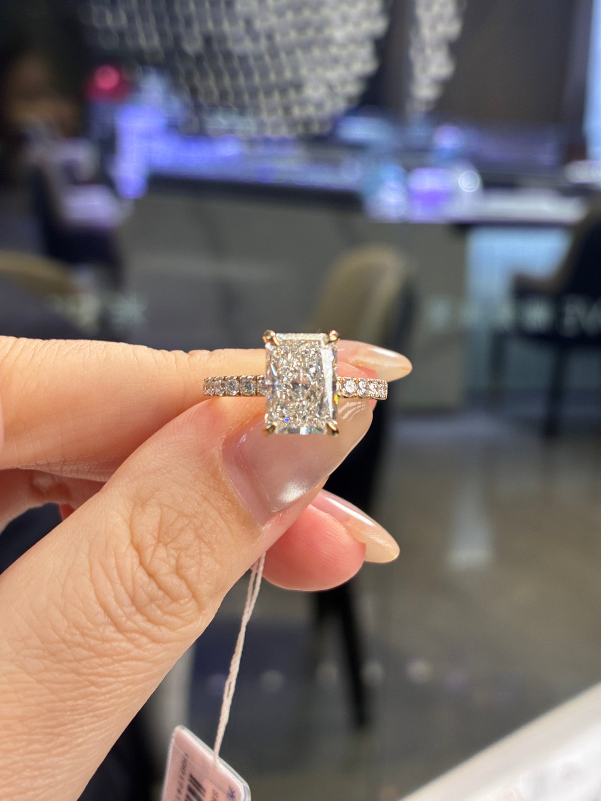 For Britt1212, Custom for 2.79ct Radiant Solitaire Engagement Ring with 0.495ct pave sidestones, E/VVS2, in 14k solid Yellow gold