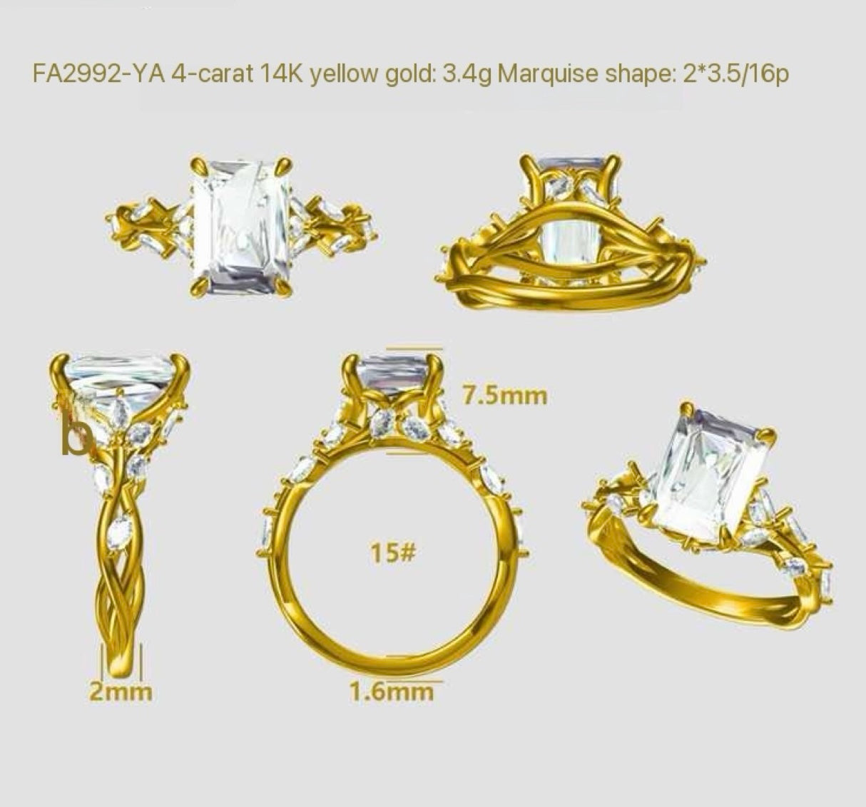 For Heather, remaining balance for 3ct emerald cut, E/VVS2, with 1ct sidestones, in 14k yellow gold