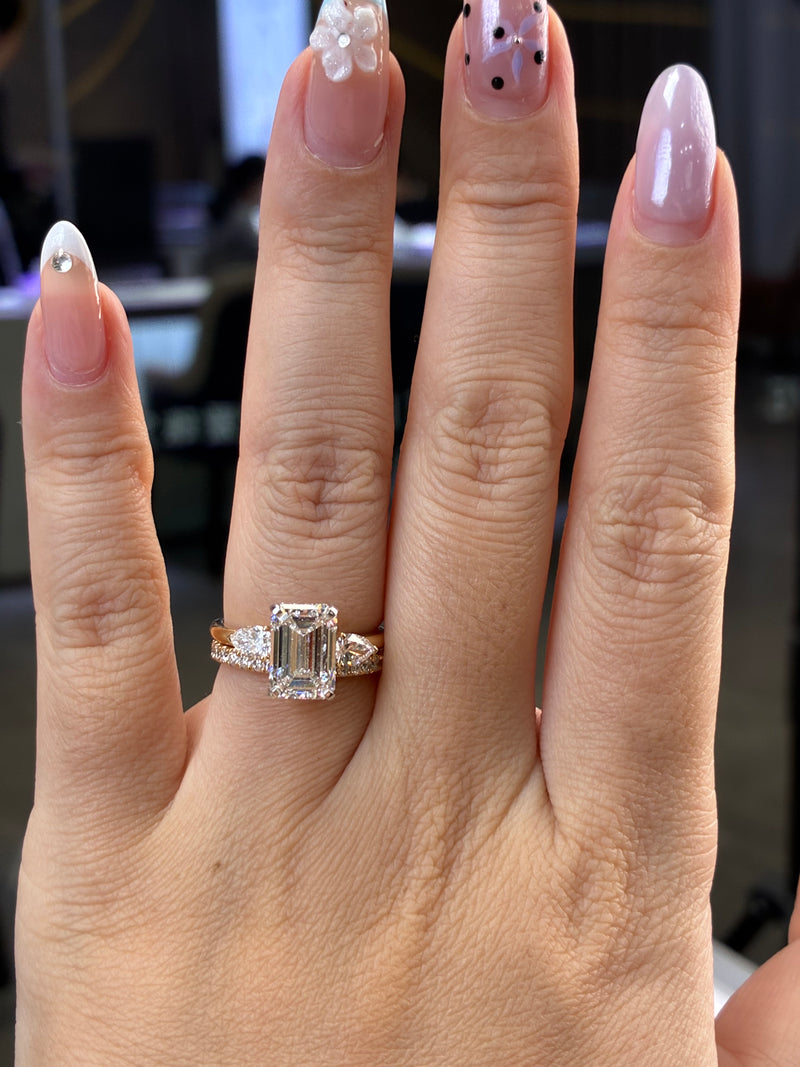 For Baylea, deposit for Bridal set, 3ct Emerald solitaire with hidden halo , E/VVS2+ 0.68ct Open wedding band in 14K rose gold