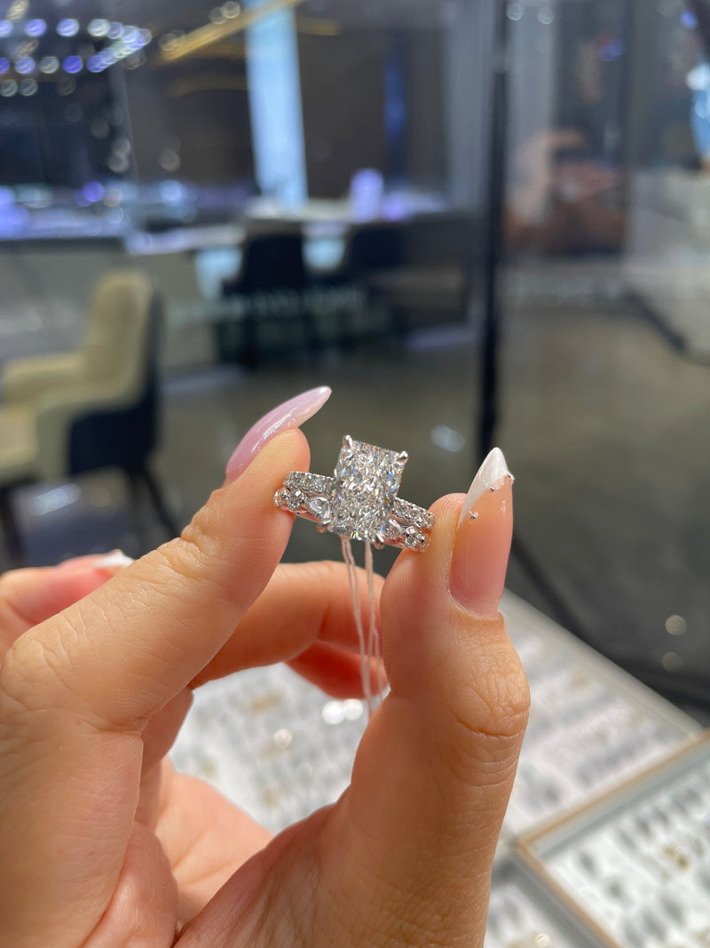 For Rosebush, 14K solid white gold Bridal set, 3.05ct radiant mainstone, D/VVS2 with 0.473ct sidestones engagement ring + 0.6ct Marquise&round diamond wedding band