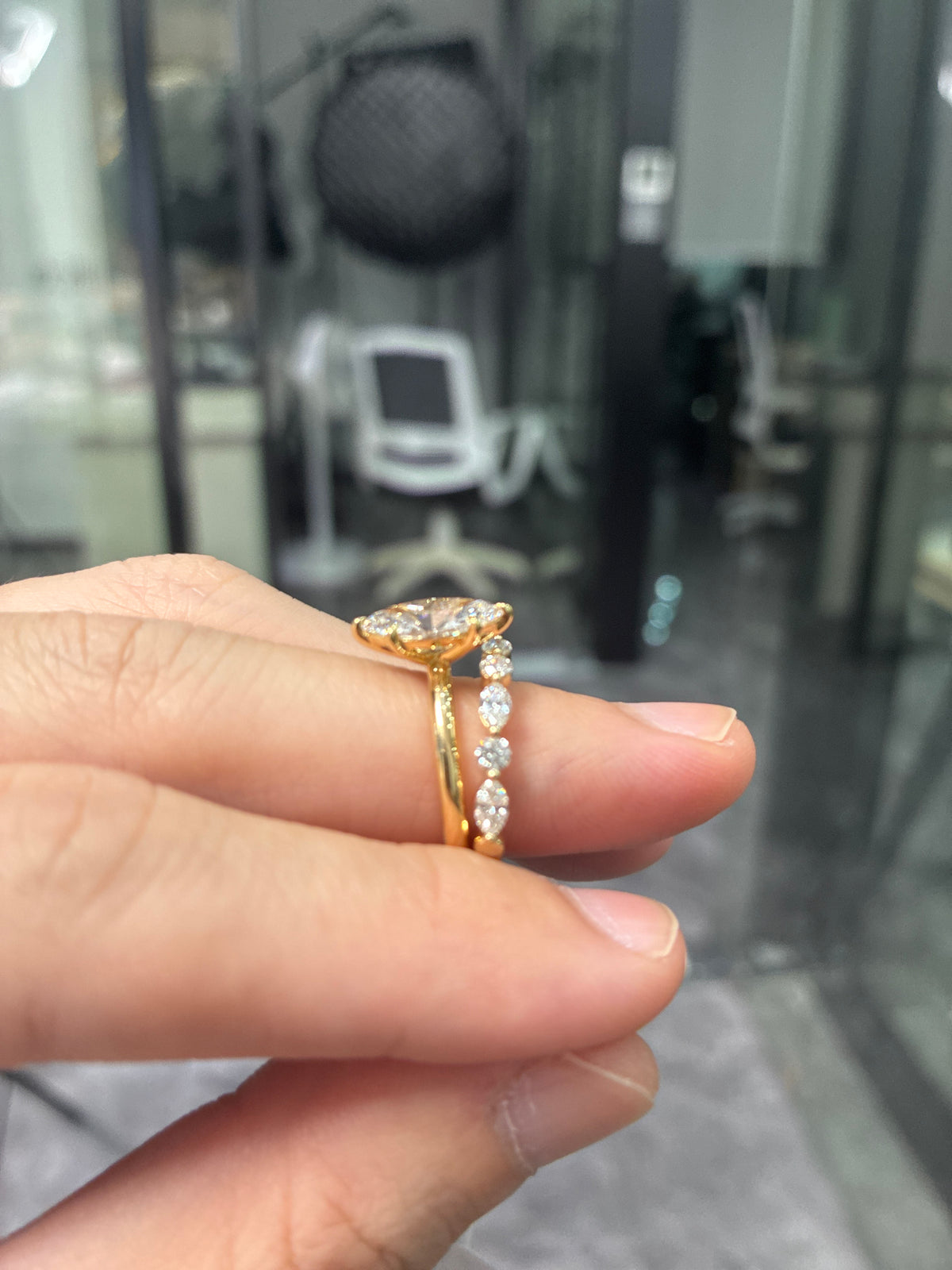 Wedding Set For Jeismary//Solitaire: 18K solid yellow gold//1.71ct Marquise Cut center stone//D/VS1+Band//14K solid yellow gold//7 stones for total 0.624ct US Size 6
