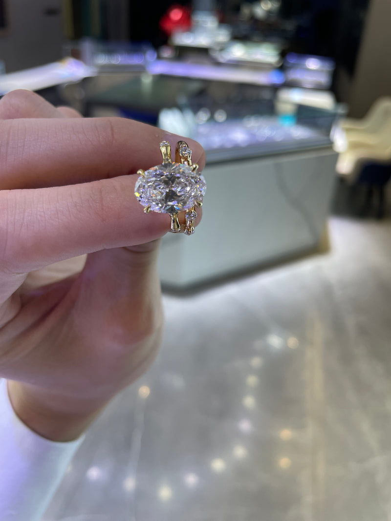 Retainer for A.CAMILA wedding set: Bamboo Band Oval Solitaire Ring 14k solid yellow gold/3.070ct Oval shape center stone/8 side stones total 0.338ct/Bamboo Band Ring 14k Solid Yellow Gold 8 stones total 0.338ct US Size 7
