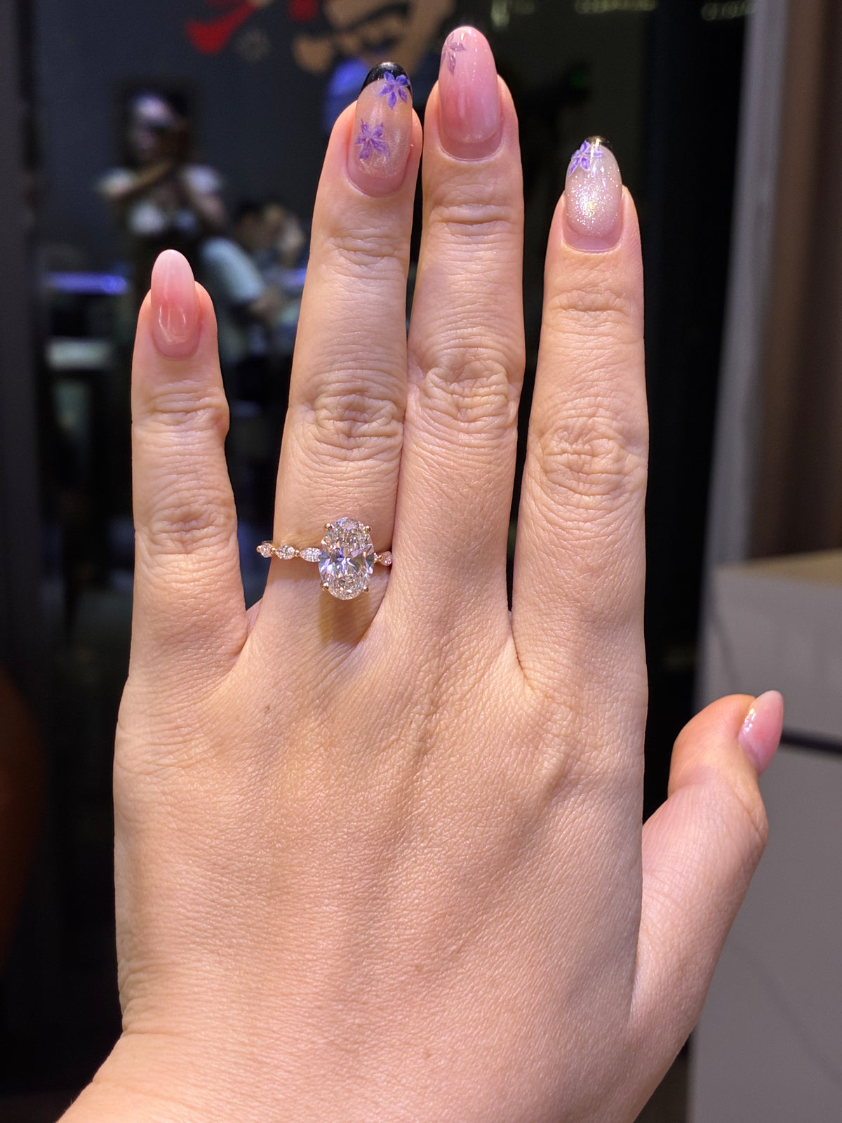 For Jennifer, 2.69ct Oval diamond, E/VVS2 with 0.439ct sidestones, in 14K Yellow gold (Ready to Ship)