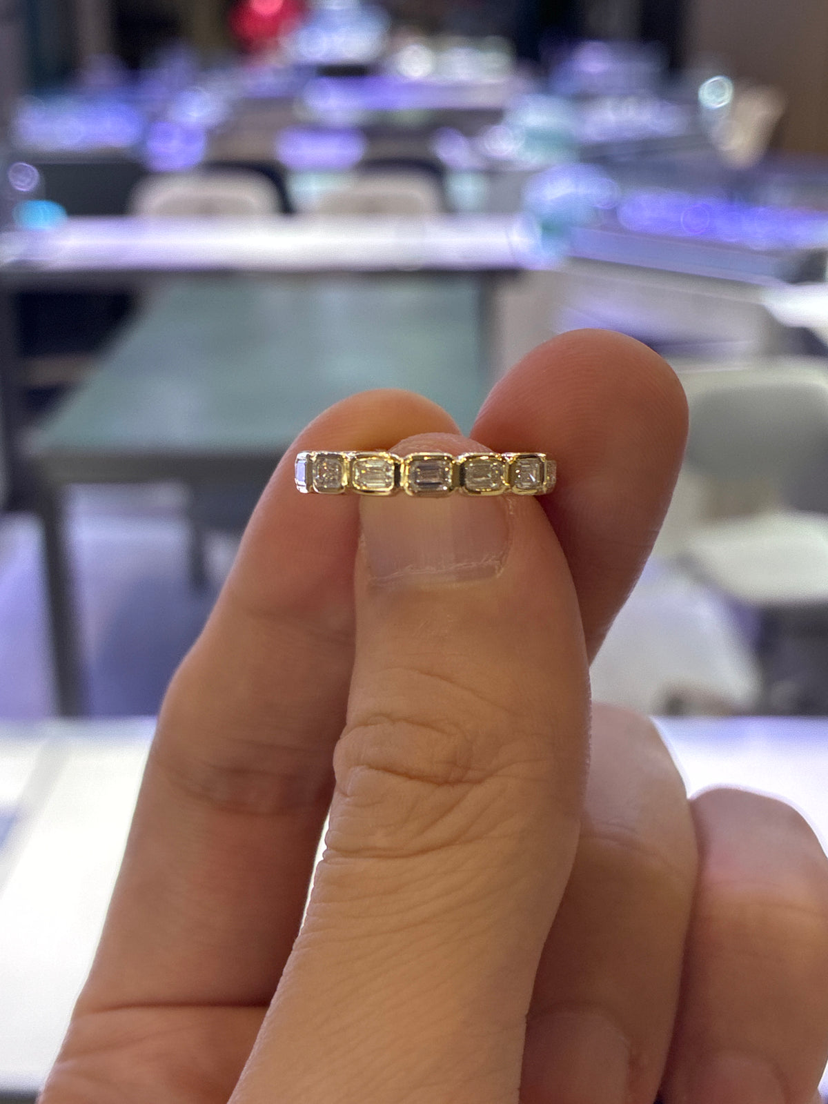 For alex Emerald Cut Bezel Setting Full Eternity Band Ring//14K Solid yellow gold//15 Emerald cut diamonds for total 1.452ct//D-E/VS-VVS//US Size 6