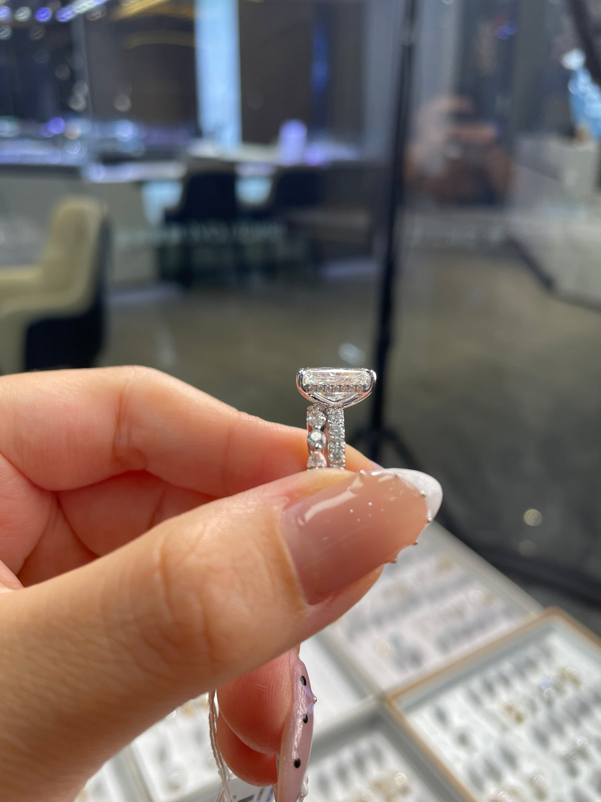 For Rosebush, 14K solid white gold Bridal set, 3.05ct radiant mainstone, D/VVS2 with 0.473ct sidestones engagement ring + 0.6ct Marquise&round diamond wedding band