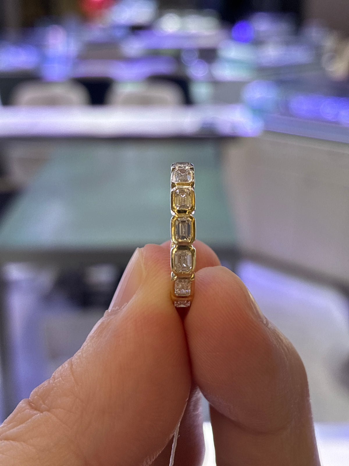 50% Retainer for Kim//Emerald Cut Full Eternity Bezel Setting Diamond Band Ring //2 grams of 14K Solid white gold(Estimated )//Emerald cut diamonds 10 points per for total 19 (estimated)//
D-E/VS-VVS//US Size 8