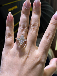 For Cloey, 5.8ct Marquise three stone lab Diamond Ring, E/VS1, 18k yellow gold