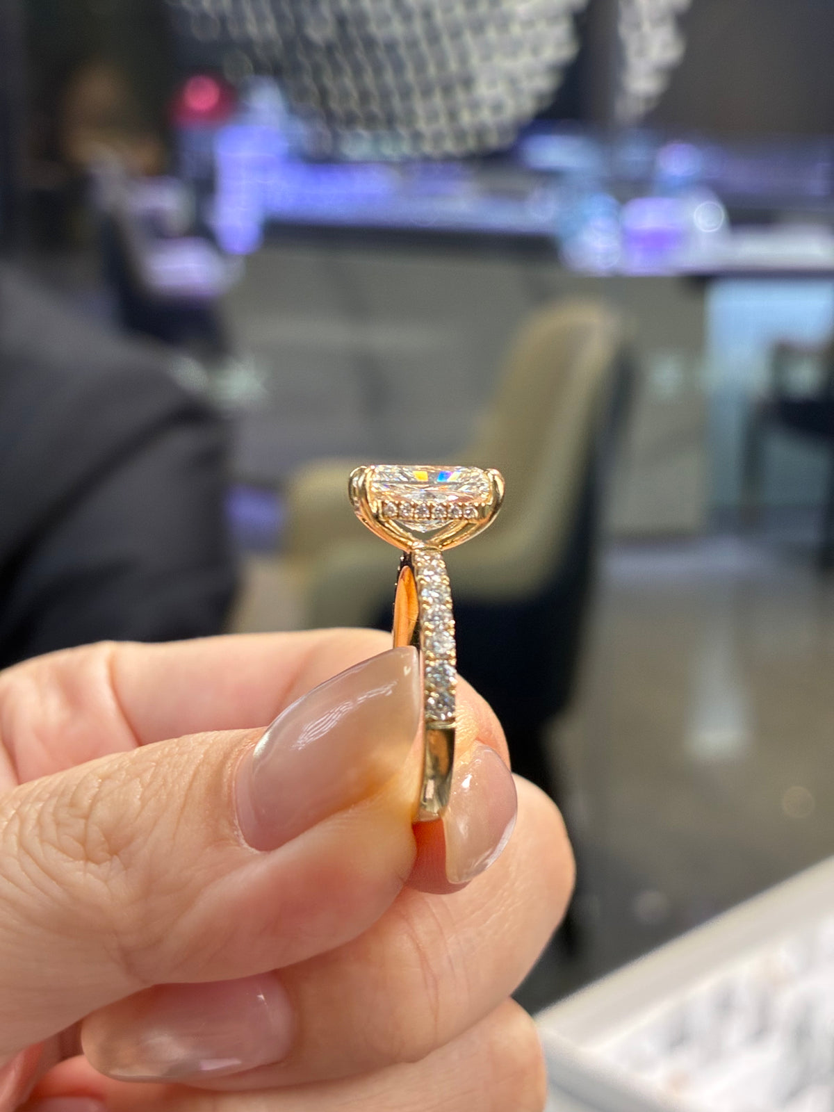 For Britt1212, Custom for 2.79ct Radiant Solitaire Engagement Ring with 0.495ct pave sidestones, E/VVS2, in 14k solid Yellow gold