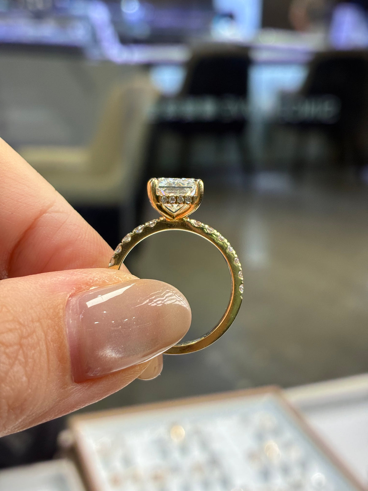 For Cherrybom, 3ct Radiant Solitary with pave band, total 3.43ct in 14k yellow gold , E/VVS2