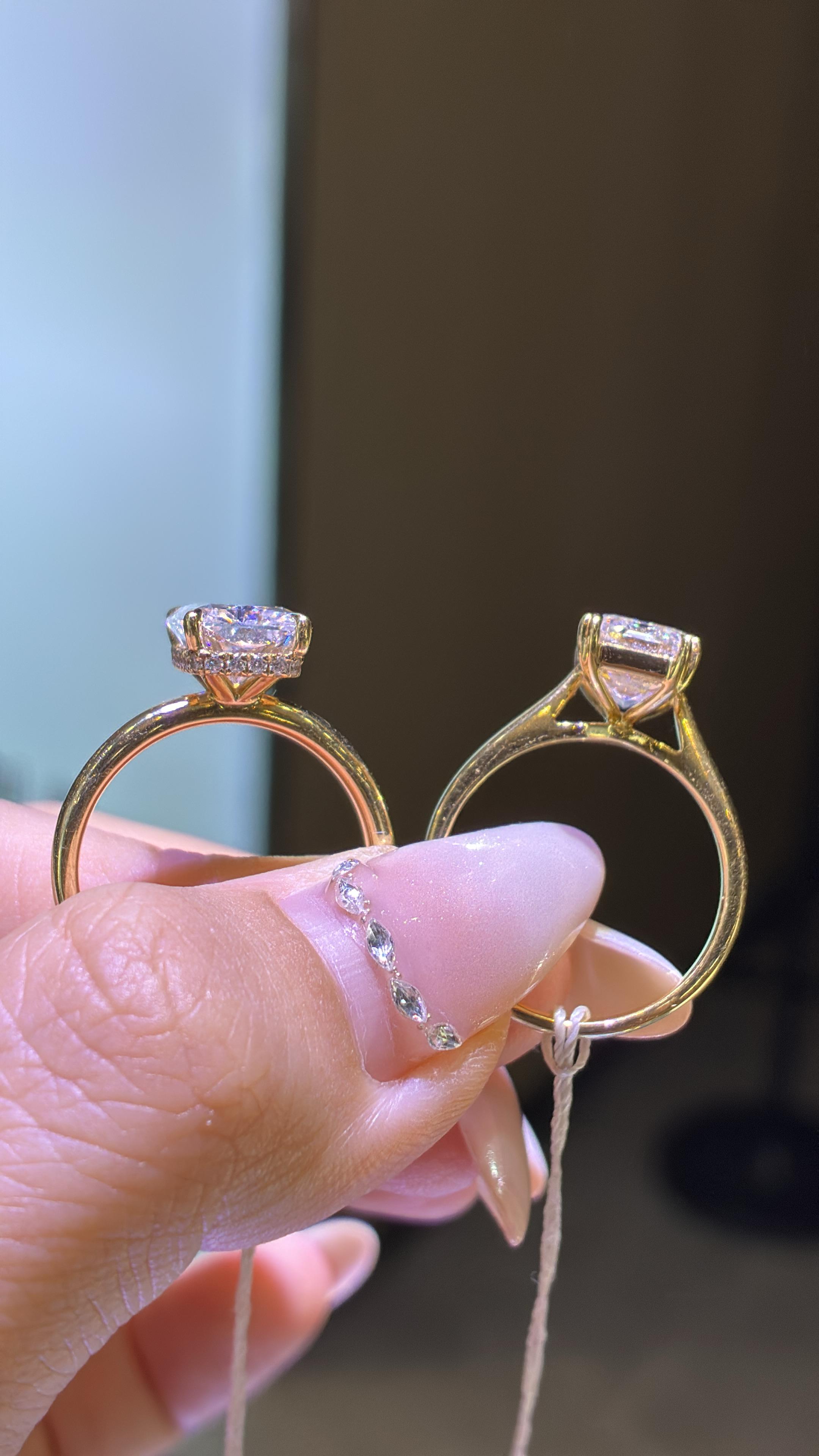 For Bana, 3.5ct radiant cut, E/VVS2, plain band with cathedral setting, hiden halo, in 14k gold