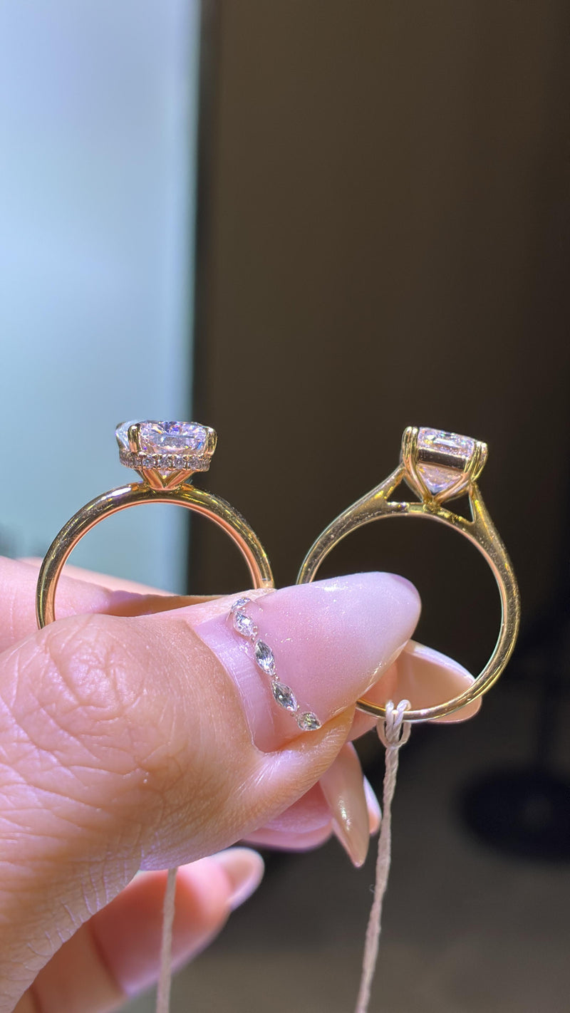 For Bana, 3.5ct radiant cut, E/VVS2, plain band with cathedral setting, hiden halo, in 14k gold