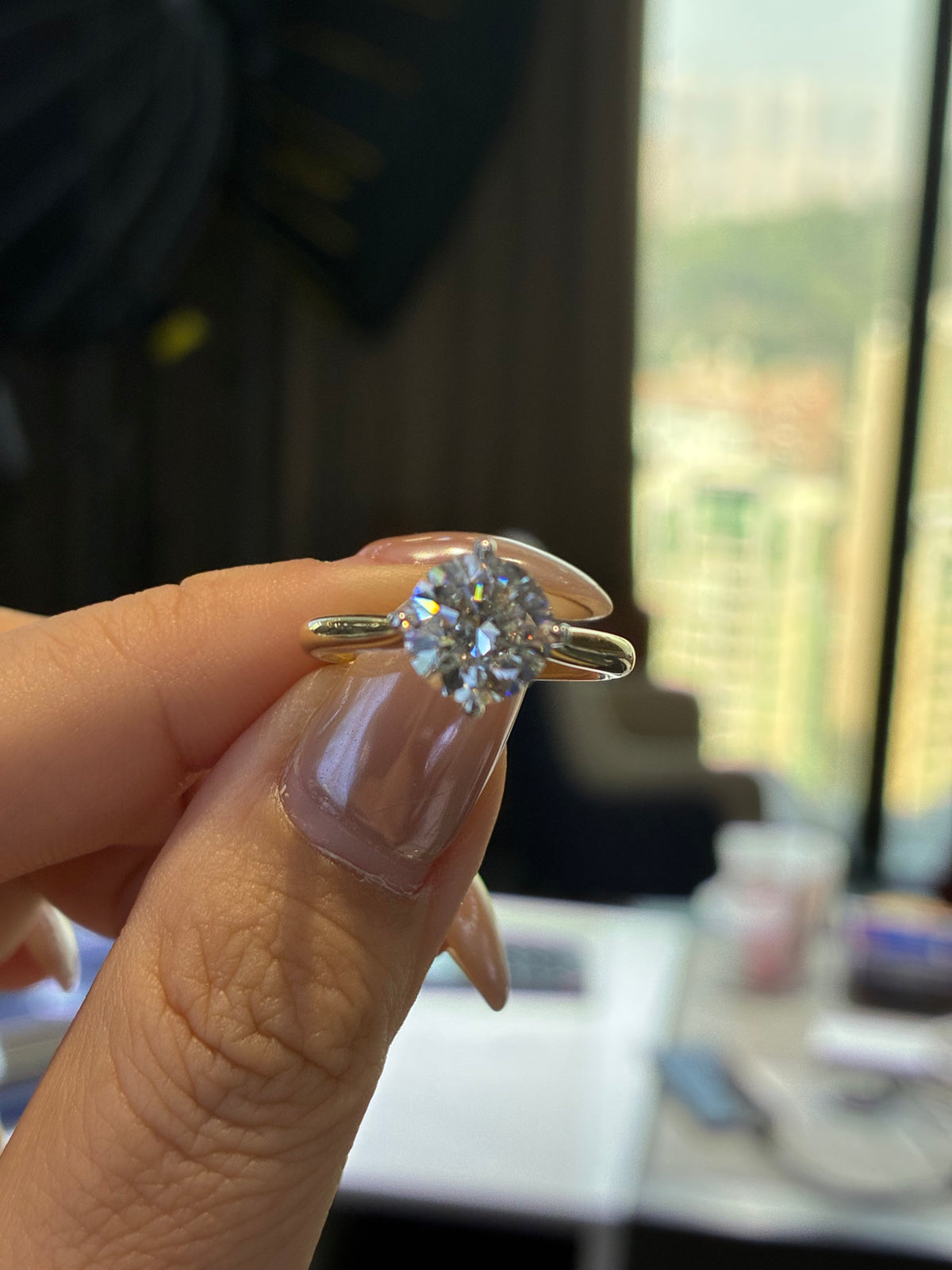 For Natia, custom 14K Gold 1.5ct Round Two tone cathedral setting with diamond on bridge, half pave band, compass prongs, E/VS1