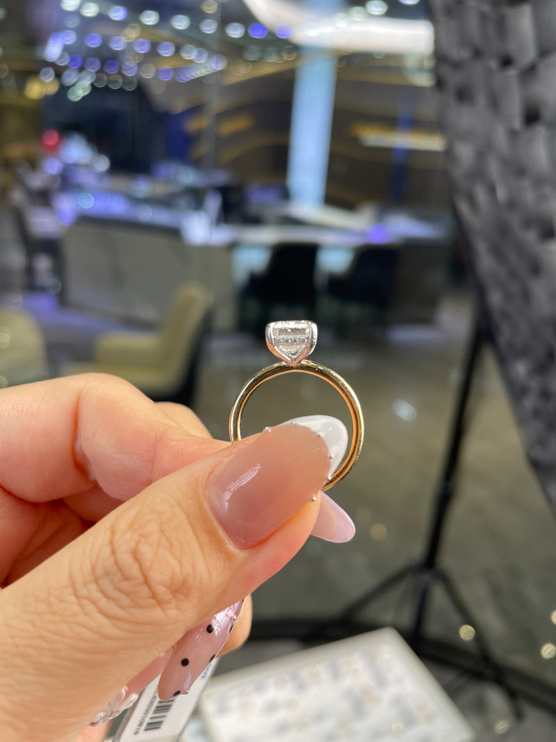 For Dr, 3.11ct Emerald Cut Solitaire  Engagement Ring with Hidden halo, in 14k Yellow gold, E/VVS2