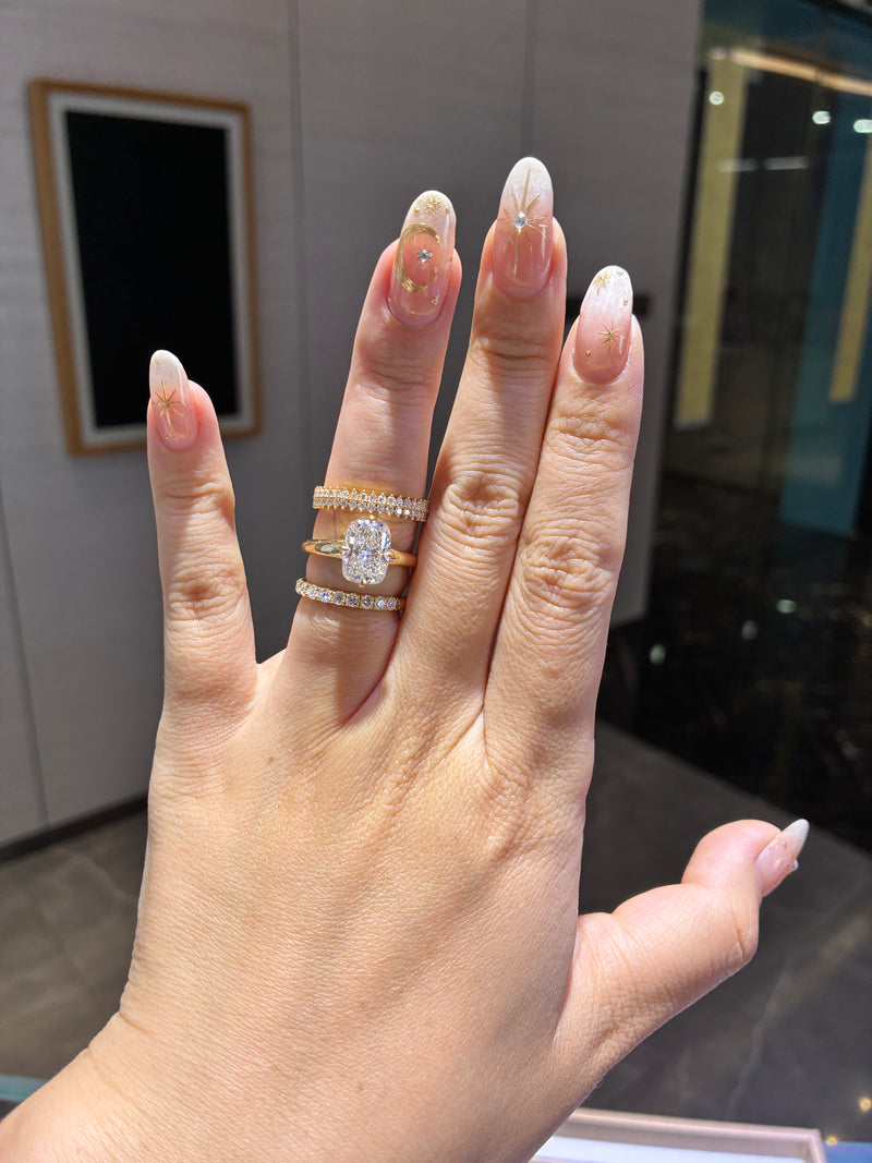 For MARZ LEON, Bridal Set, custom 3ct Radiant compass prongs in 14k + 2 Bands in 18k