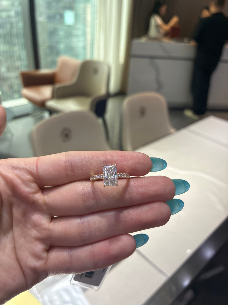 For Sydney 14k Radiant cut 2.01ct E/VS1 with side pave band ring 0.325ct