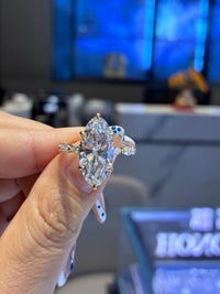 For Olivia, 4ct marquise lab diamond ring with 1ct side stones, E/VVS2,14k yellow gold