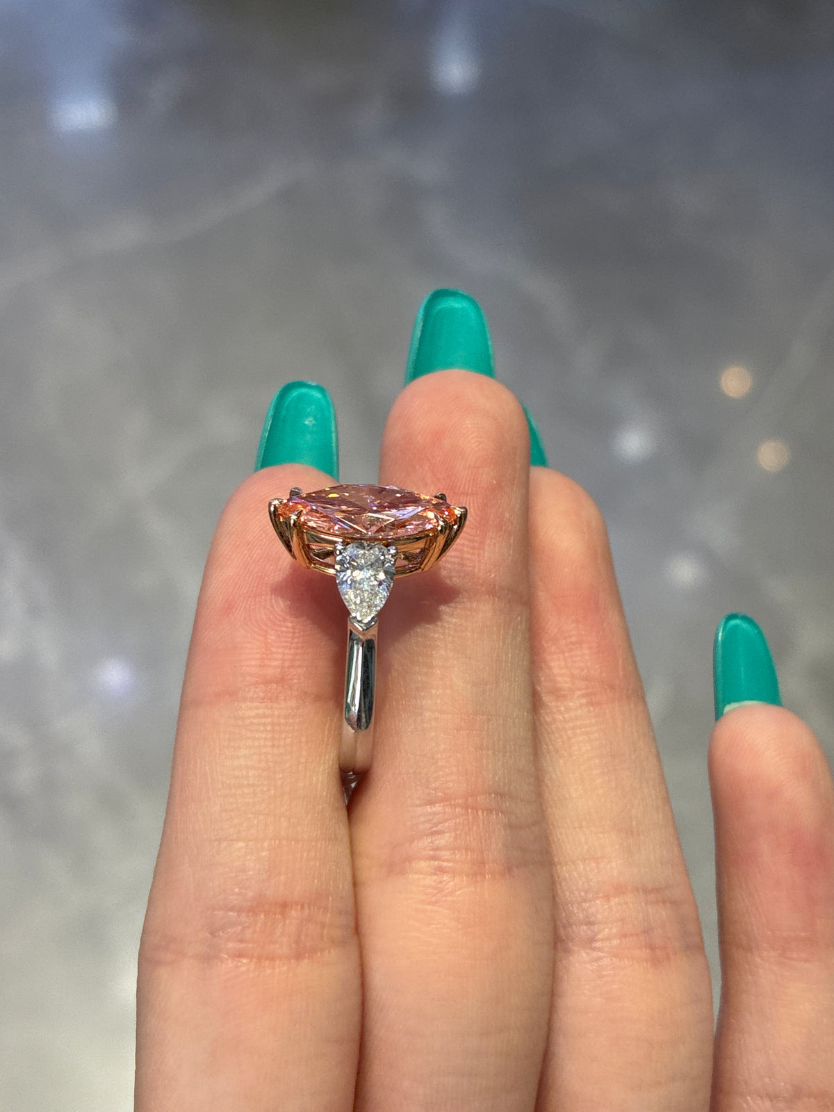 For FarraH 18K white solid gold 3 stones ring, 2.53ct pink marquise center stone,FVP VVS2, with 1.009ct pear side stone