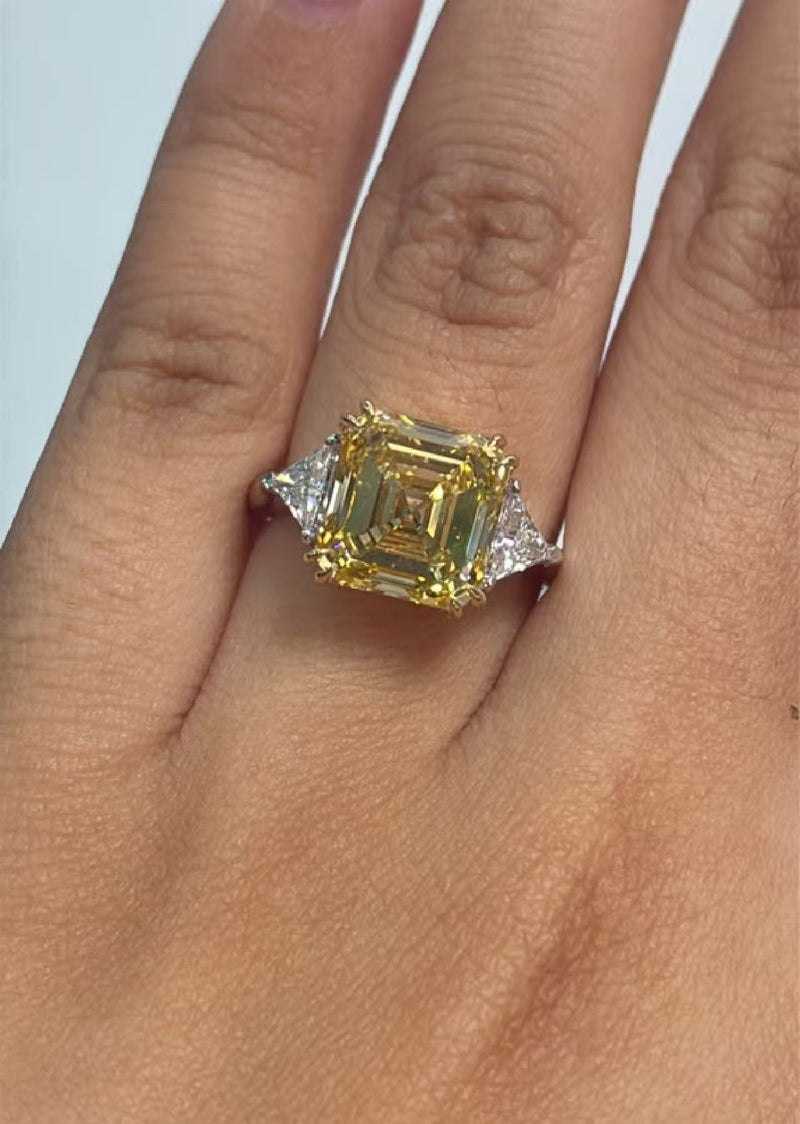 Deposit for ET customize 9.9ct asscher cut yellow diamond ring in 14k gold with triangle cut side diamonds