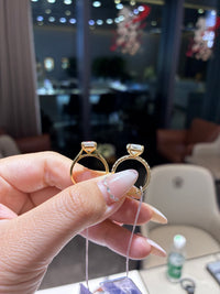 For Bana, 3.5ct radiant cut, E/VVS2, plain band with cathedral setting, hiden halo, in 14k gold