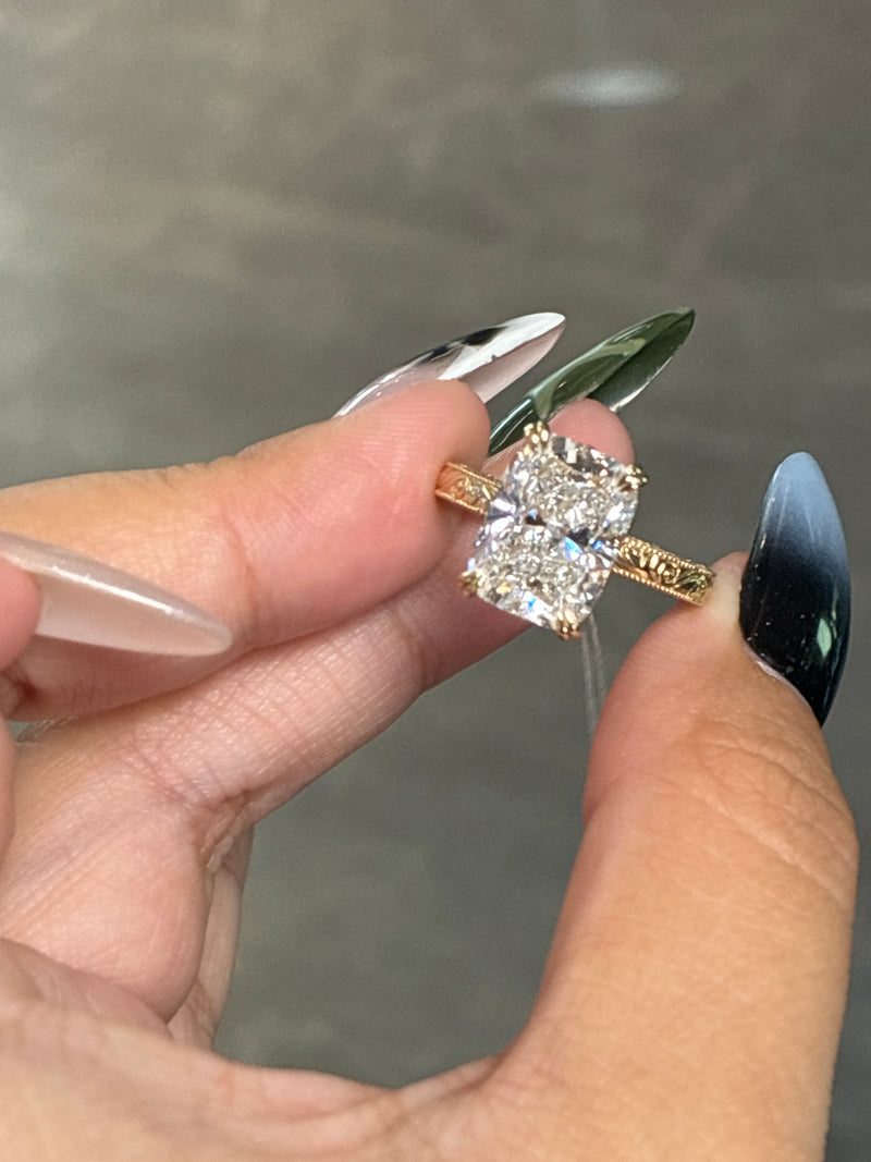 Deposit for taliajohnson 14k yellow with 3ct E/vs1 elongated cushion with side stones and tulip basket