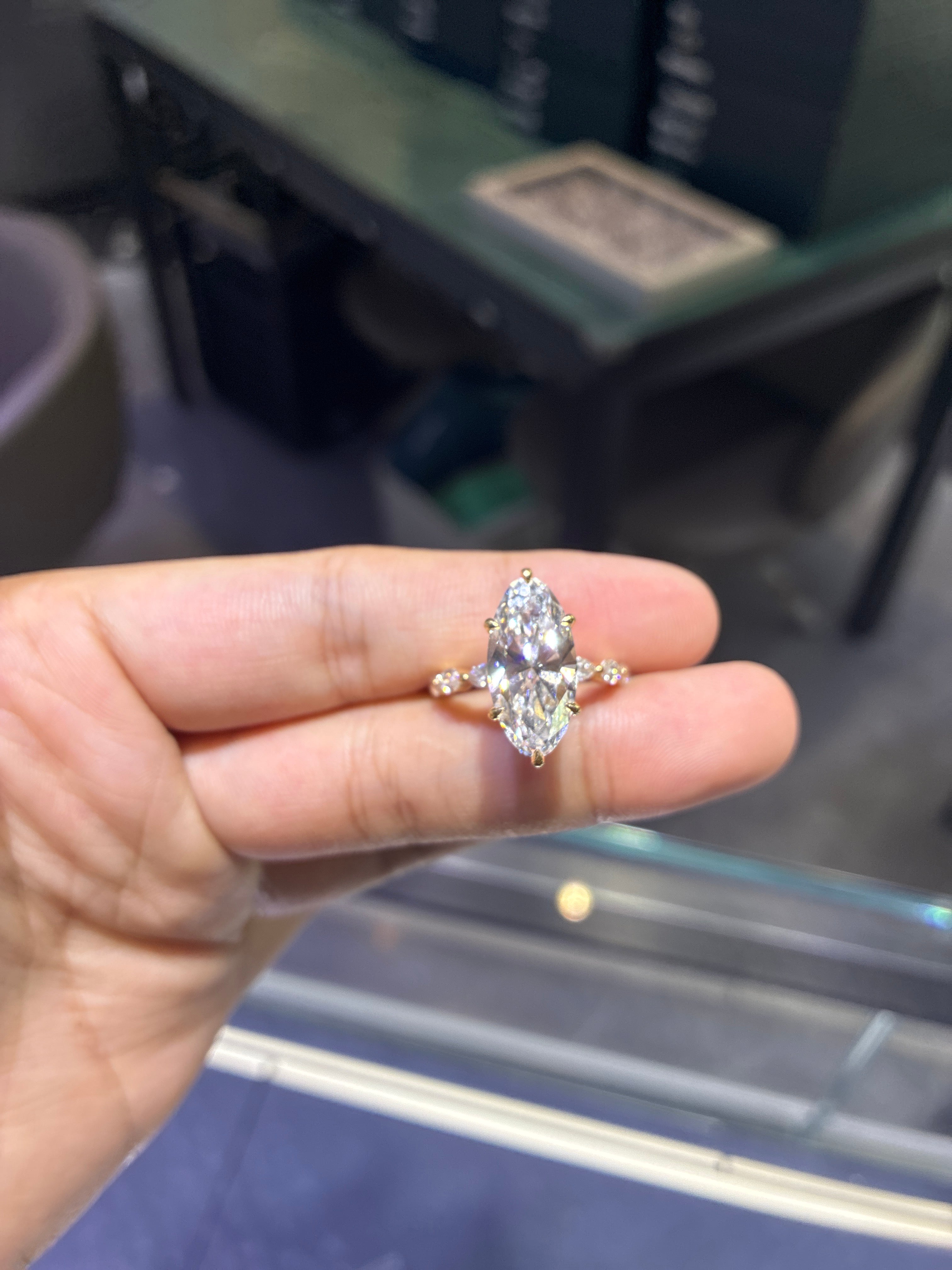 Deposit For Nadia 14k yellow gold ring with 4.5ct main diamond And hidden halo diamond,mix round and marquise cut side diamonds