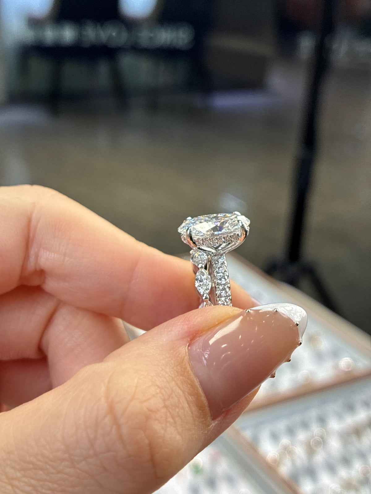 For Janay, Bridal Set, 3ct Oval Solitaire pave band with hidden halo in platinum, E/VVS2 + 0.842ct marquise band